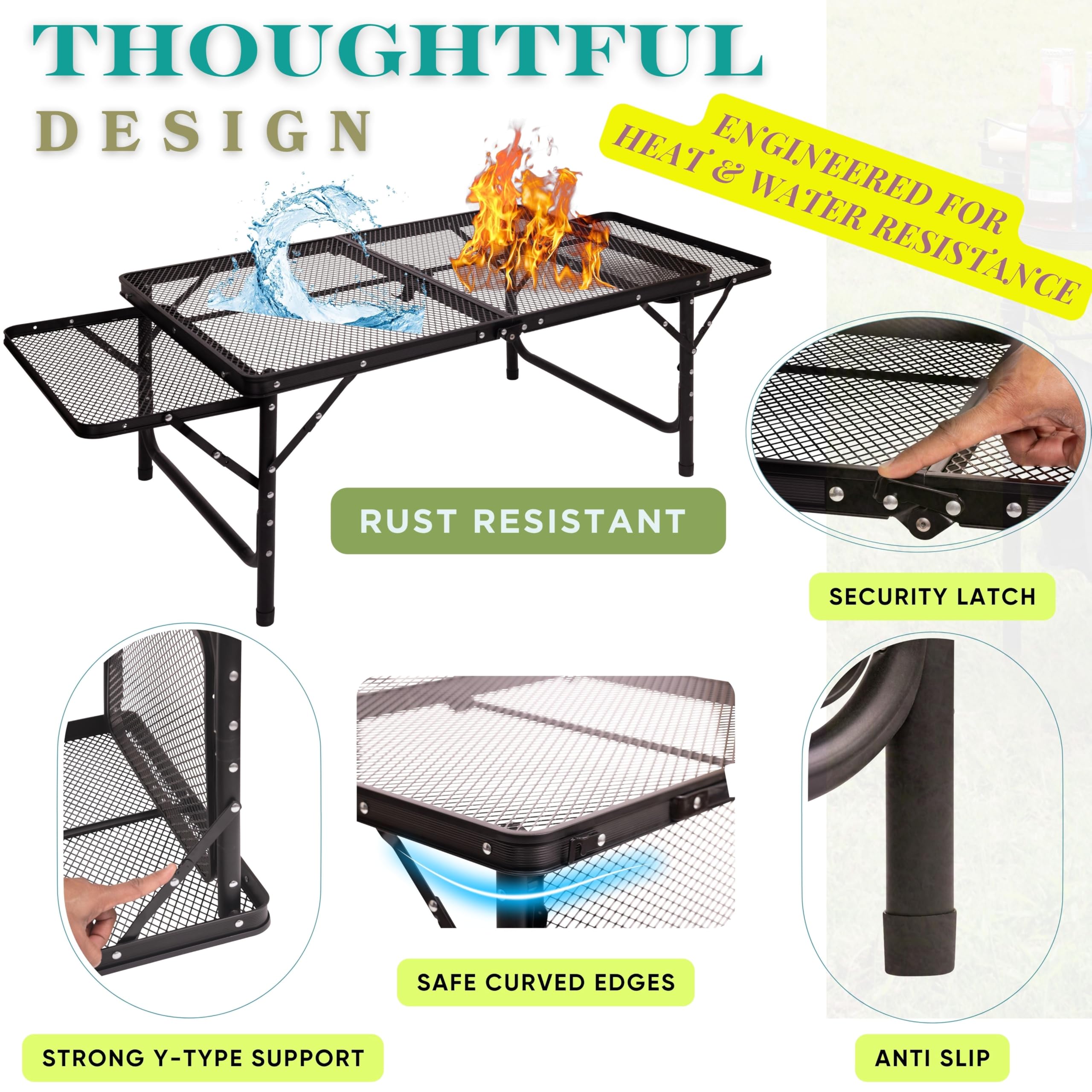 DAFRUM folding table mesh storage with side pockets and hooks.
