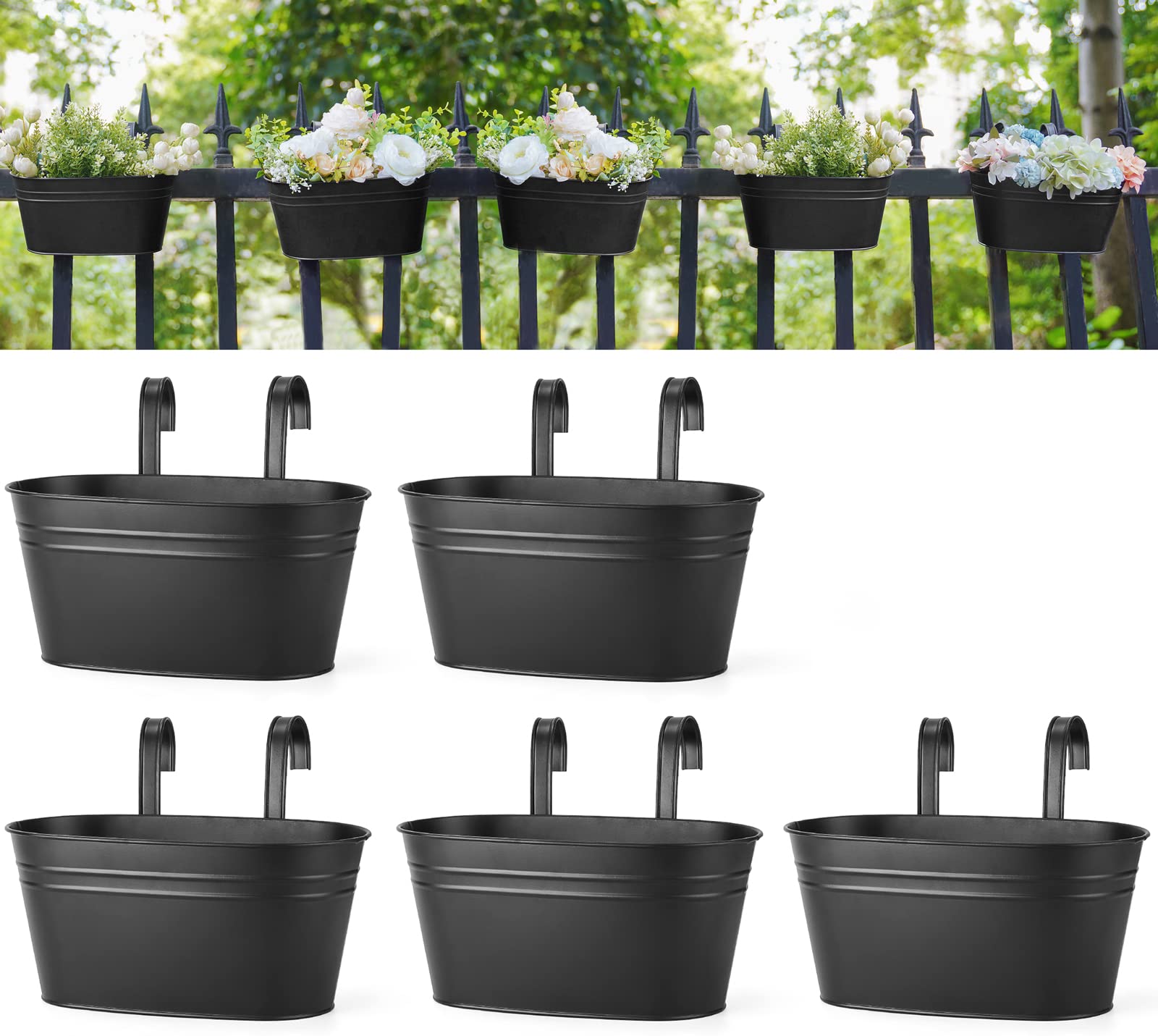 Dahey 10.5-inch metal hanging pots on a balcony railing for compact gardening.