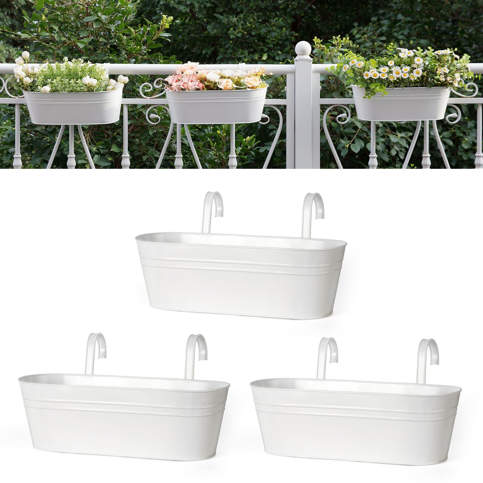 Dahey three-piece metal hanging pots on a railing for space-saving gardening