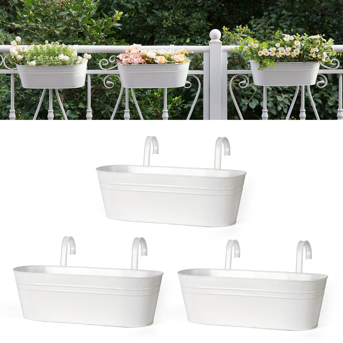 Dahey three-piece metal hanging pots on a railing for space-saving gardening