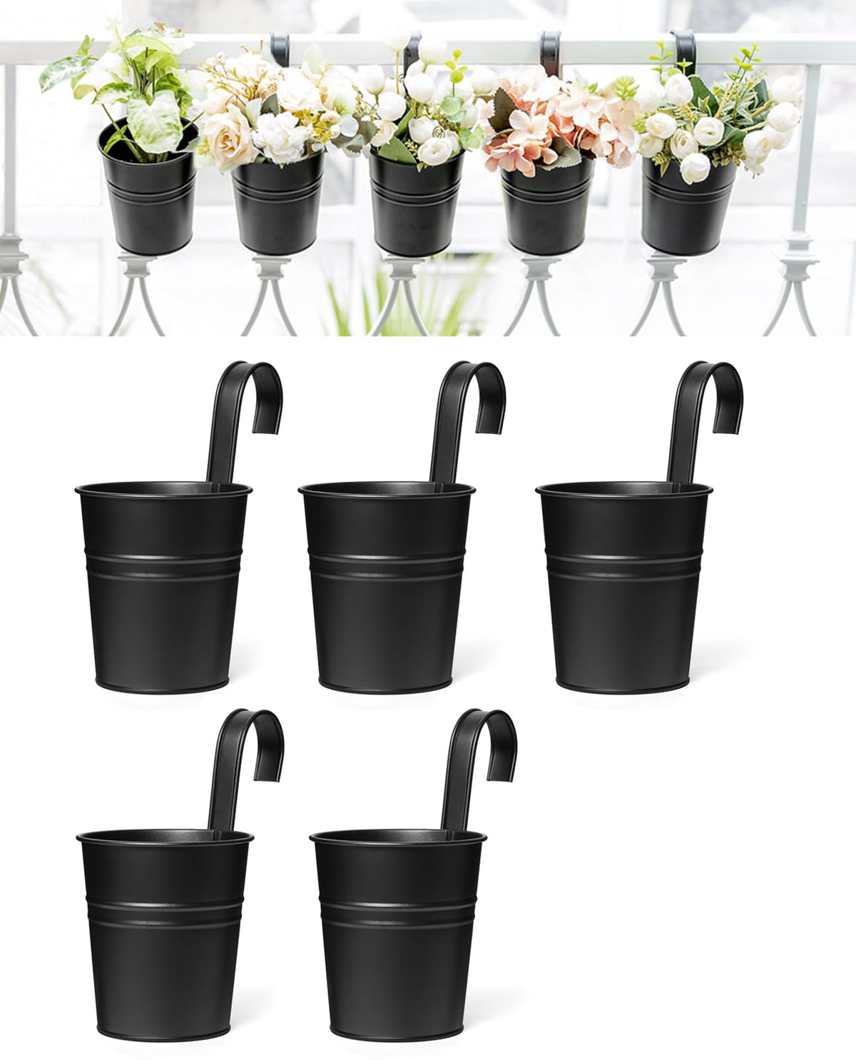 Dahey 5 Pcs Hanging Pots on a railing for balcony display, easy to reposition.