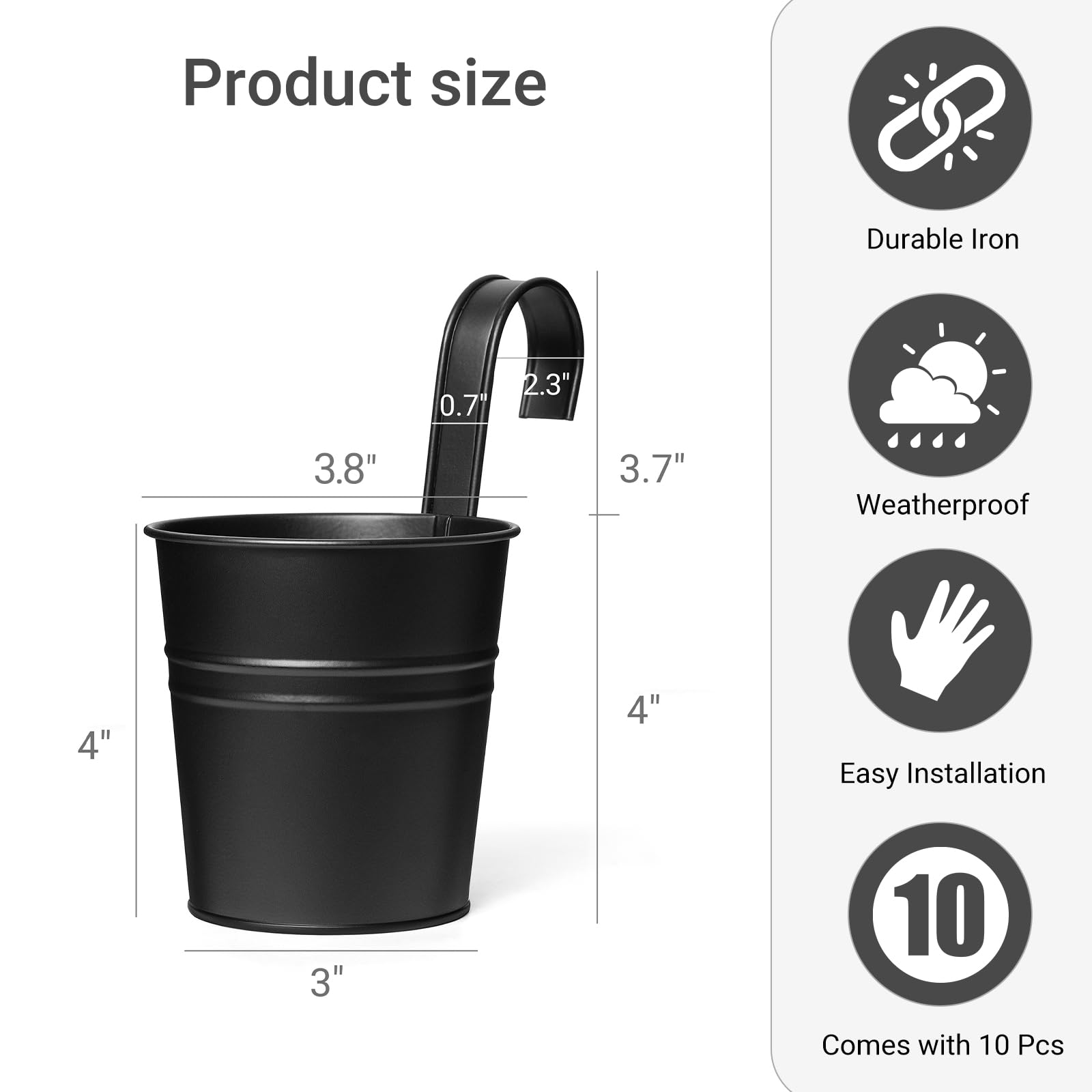 Dahey black metal 4 inch hanging buckets for railing planters on a fence.