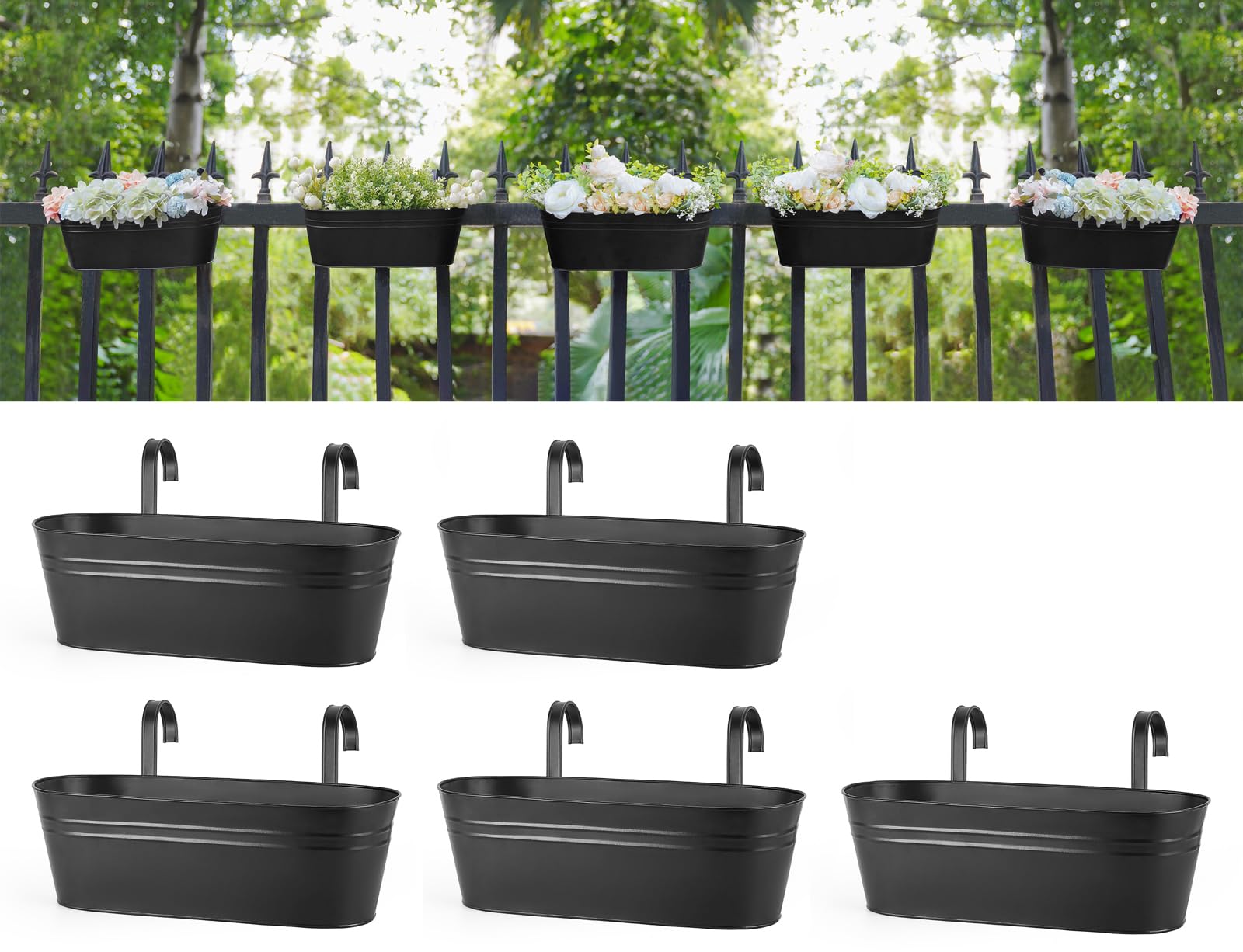 Dahey hanging flower pots on a balcony rail for vibrant container gardening