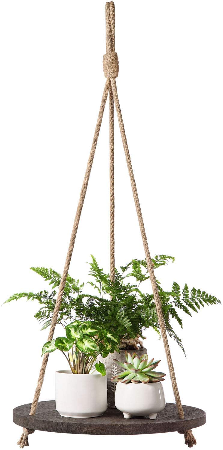 Dahey hanging plant shelf with round wood and rope enhances rustic living room decor