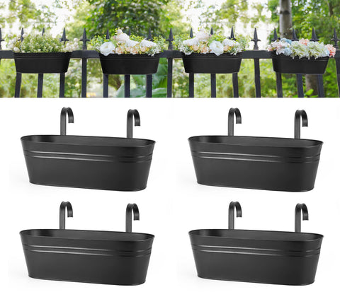 Dahey rail-hanging flower pots in black enhance balcony gardens with vertical display.