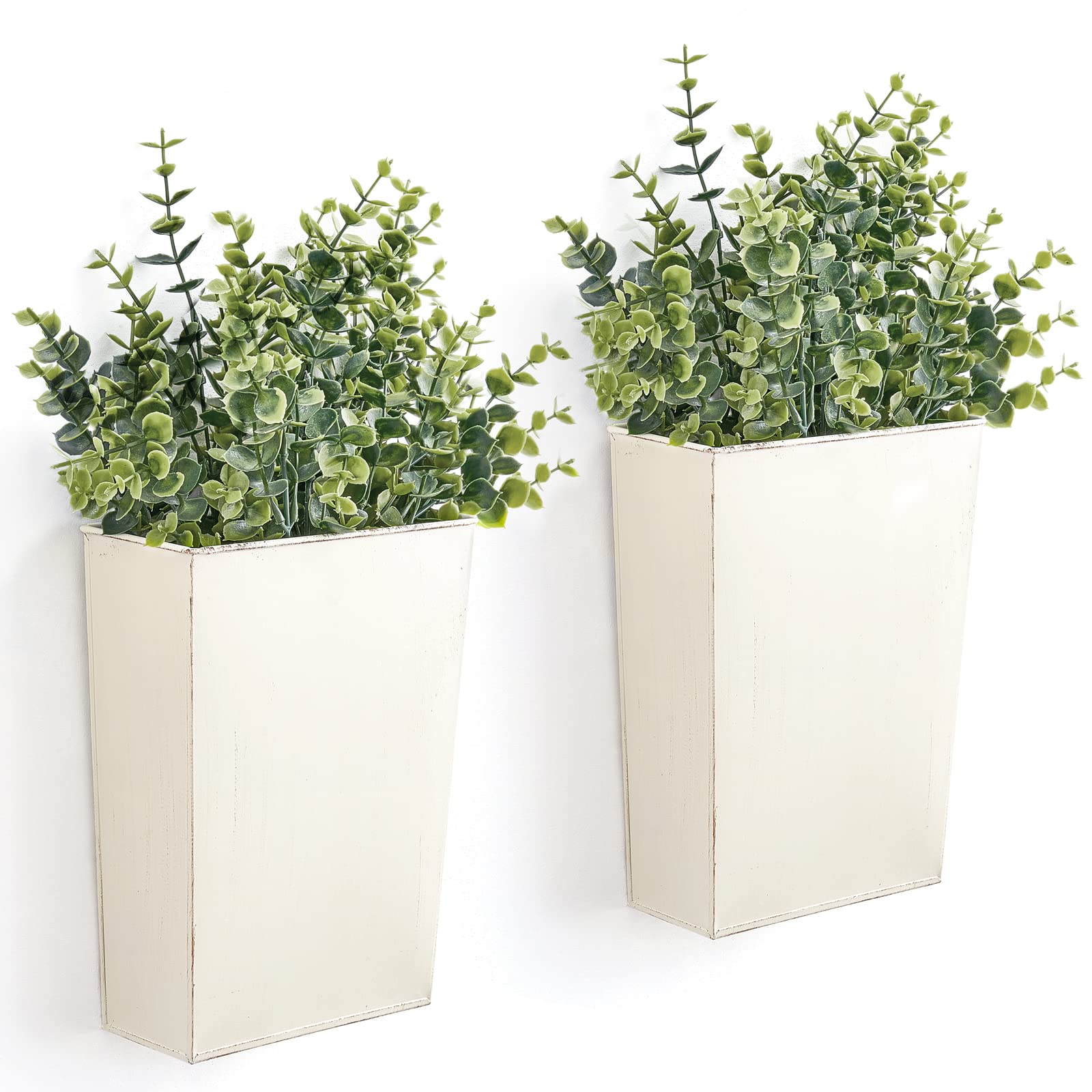 Dahey two-pack metal wall planter with artificial eucalyptus for rustic decor.