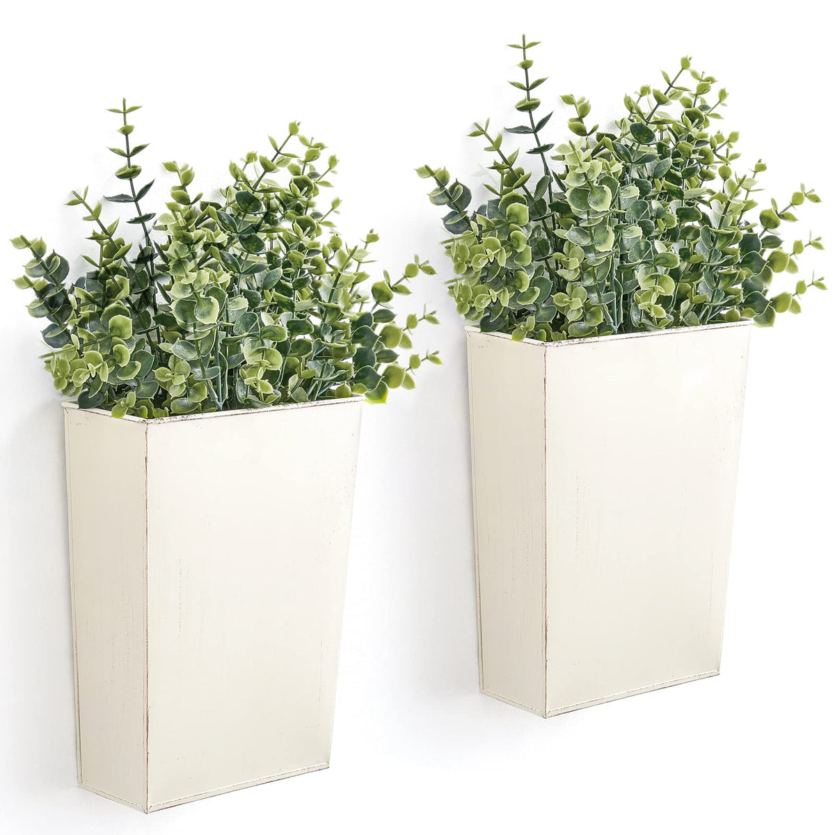 Dahey two-pack metal wall planter with artificial eucalyptus for rustic decor.