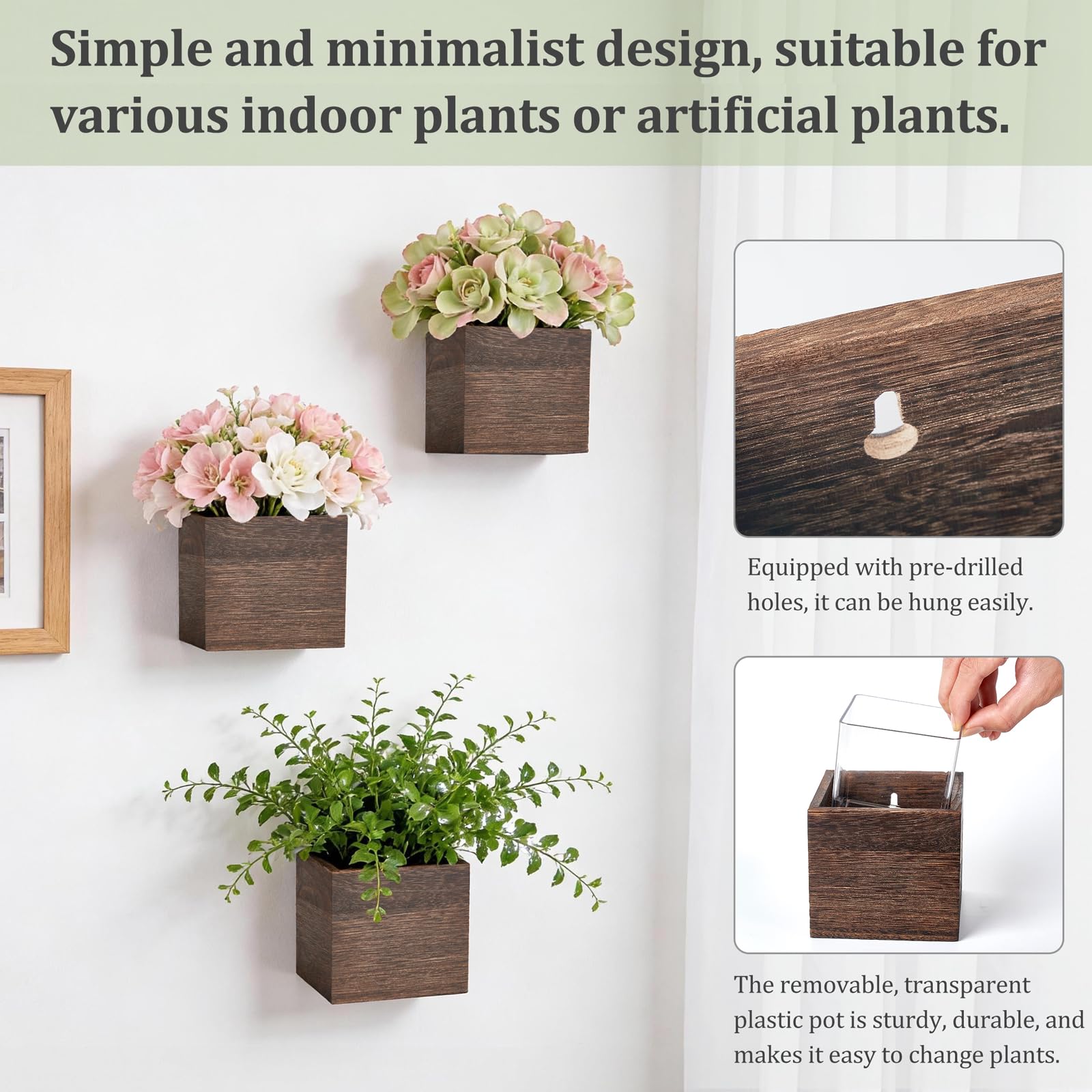 Dahey wall-mounted planter set offers versatile mounting options for spaces.