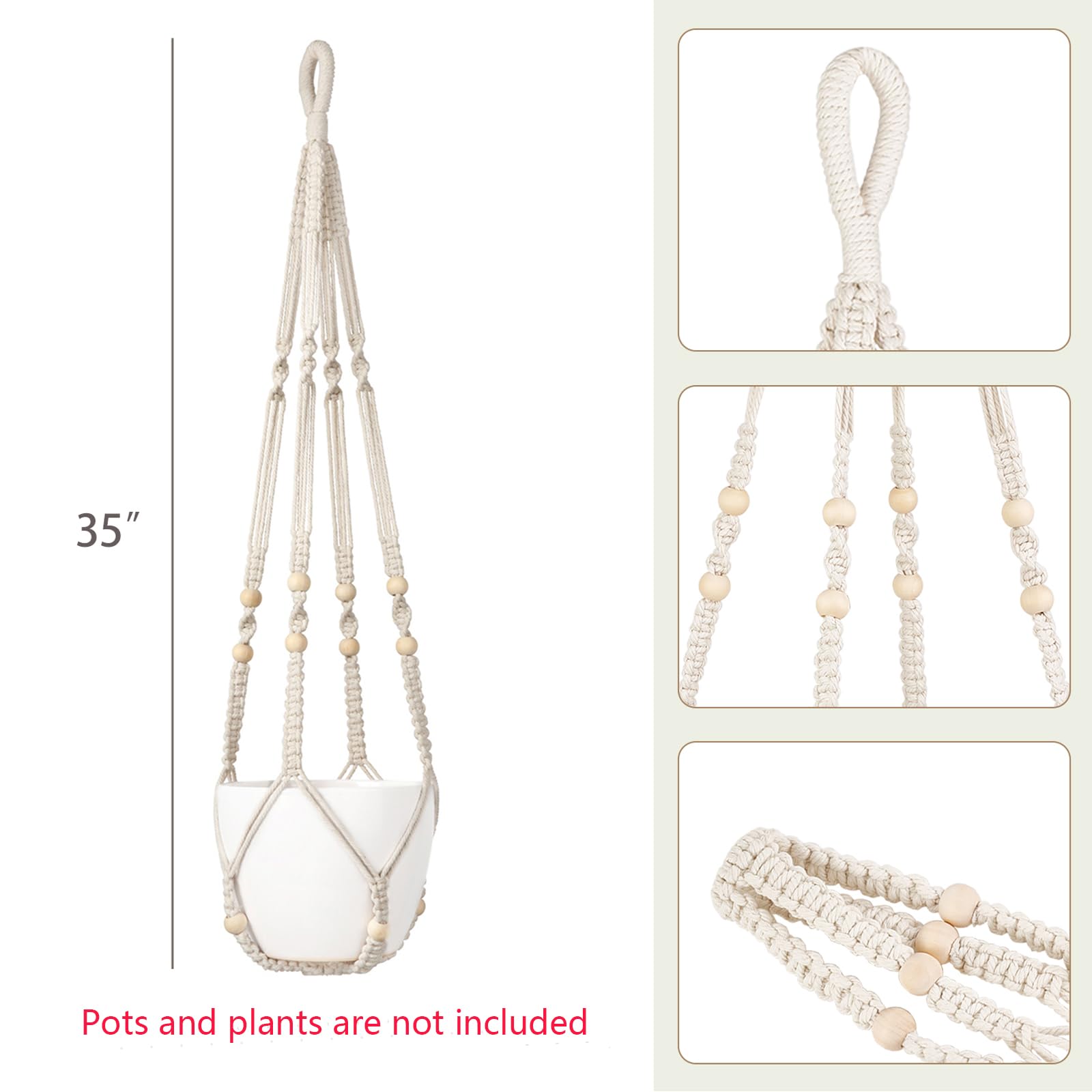 Dahey macrame hanger with wood bead accents emphasizing natural details.