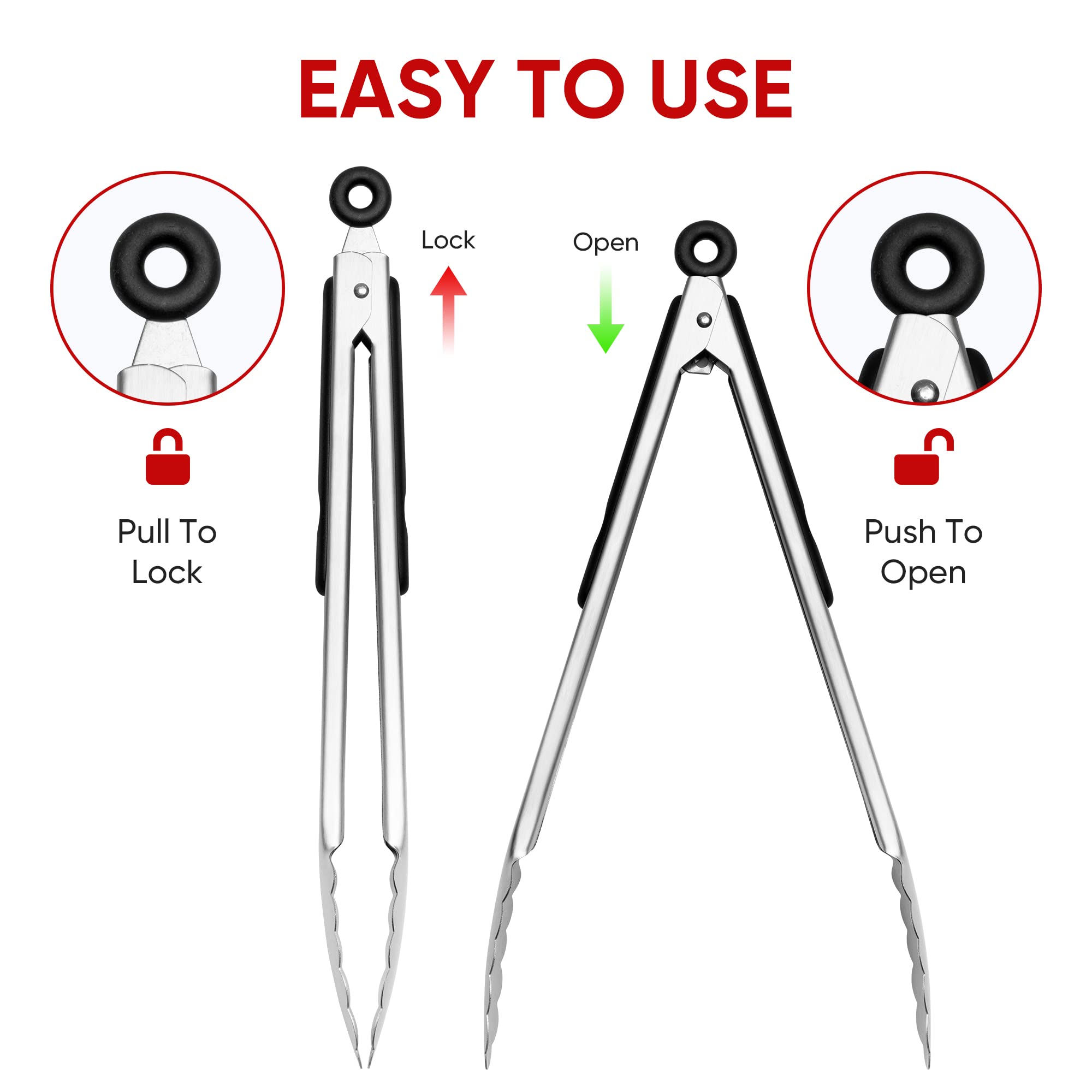 Daily Kisn locking mechanism close-up on stainless steel tongs for safety