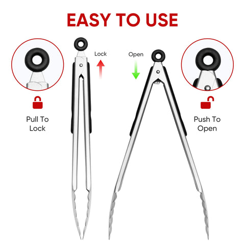 Daily Kisn locking mechanism close-up on stainless steel tongs for safety