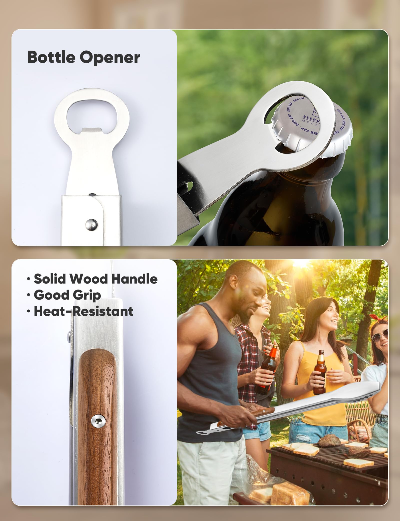 Daily Kisn tongs feature a locking ring and built-in bottle opener for convenient grilling.
