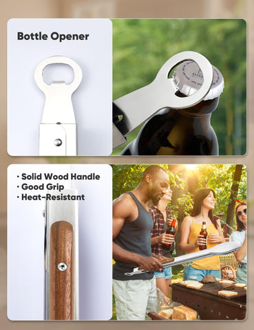 Daily Kisn tongs feature a locking ring and built-in bottle opener for convenient grilling.