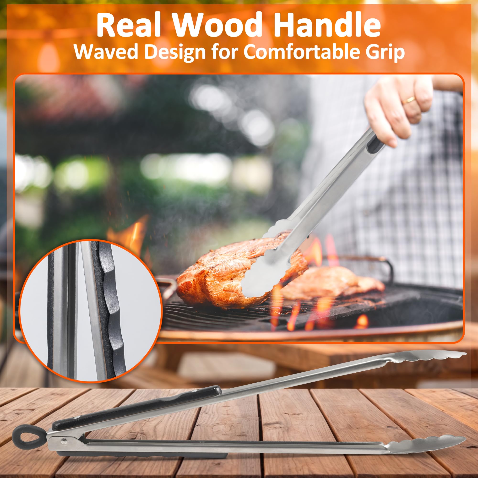 DAILY KISN wood-handled tongs with anti-slip grip for precise flipping