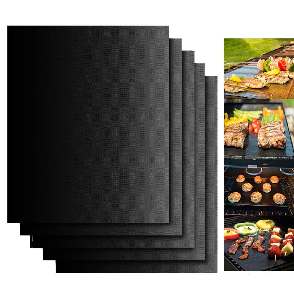 Dailyart grill mats set of five in use, nonstick and preventing sticking on the grill.