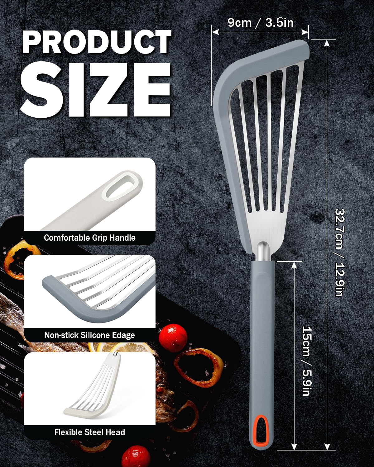 DaiRen Kitchen silicone-edge spatula in use draining oil from food.