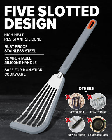 DaiRen Kitchen thin slotted spatula edge closeup showing silicone edge.