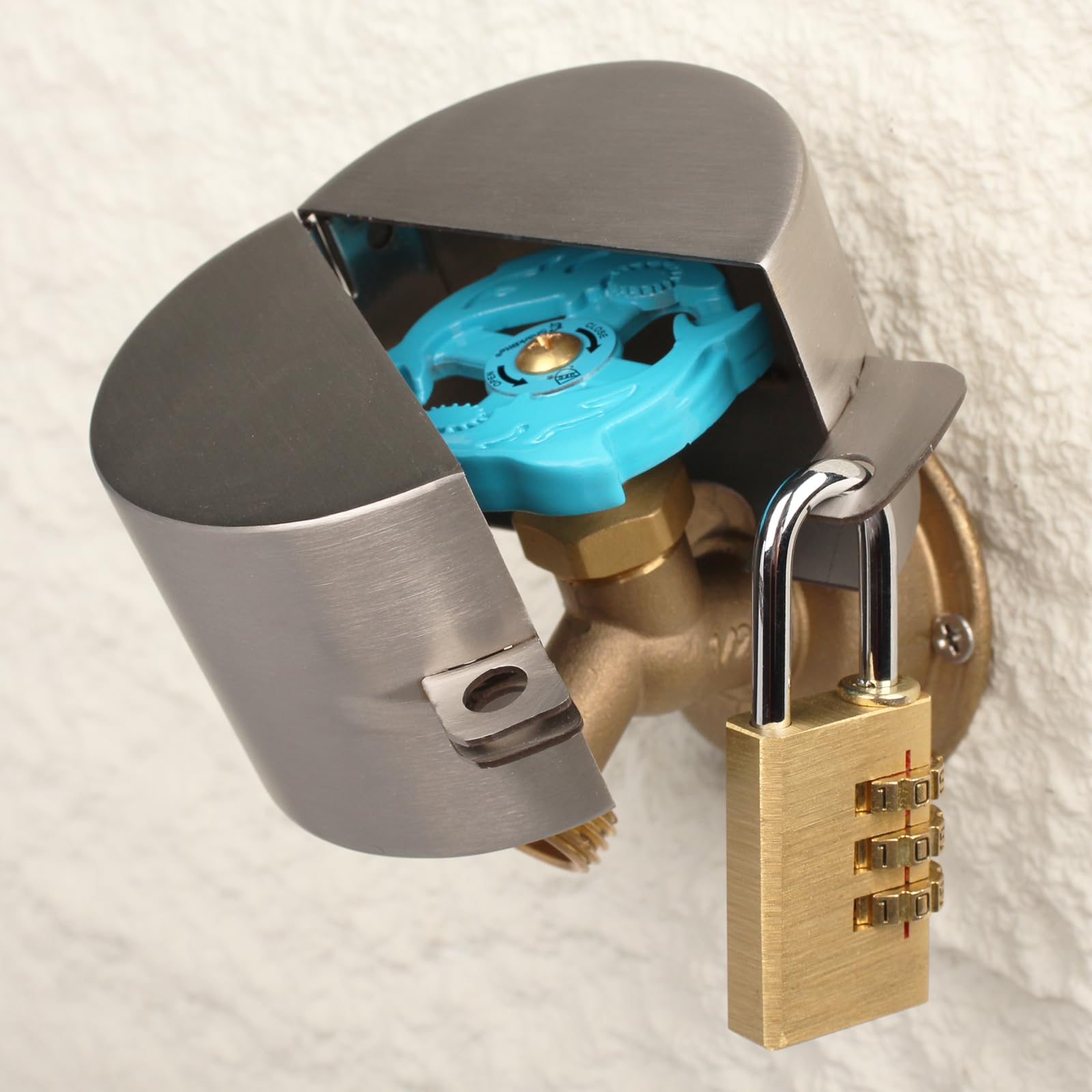 Dakekou outdoor faucet lock with padlock protects water access in gardens.
