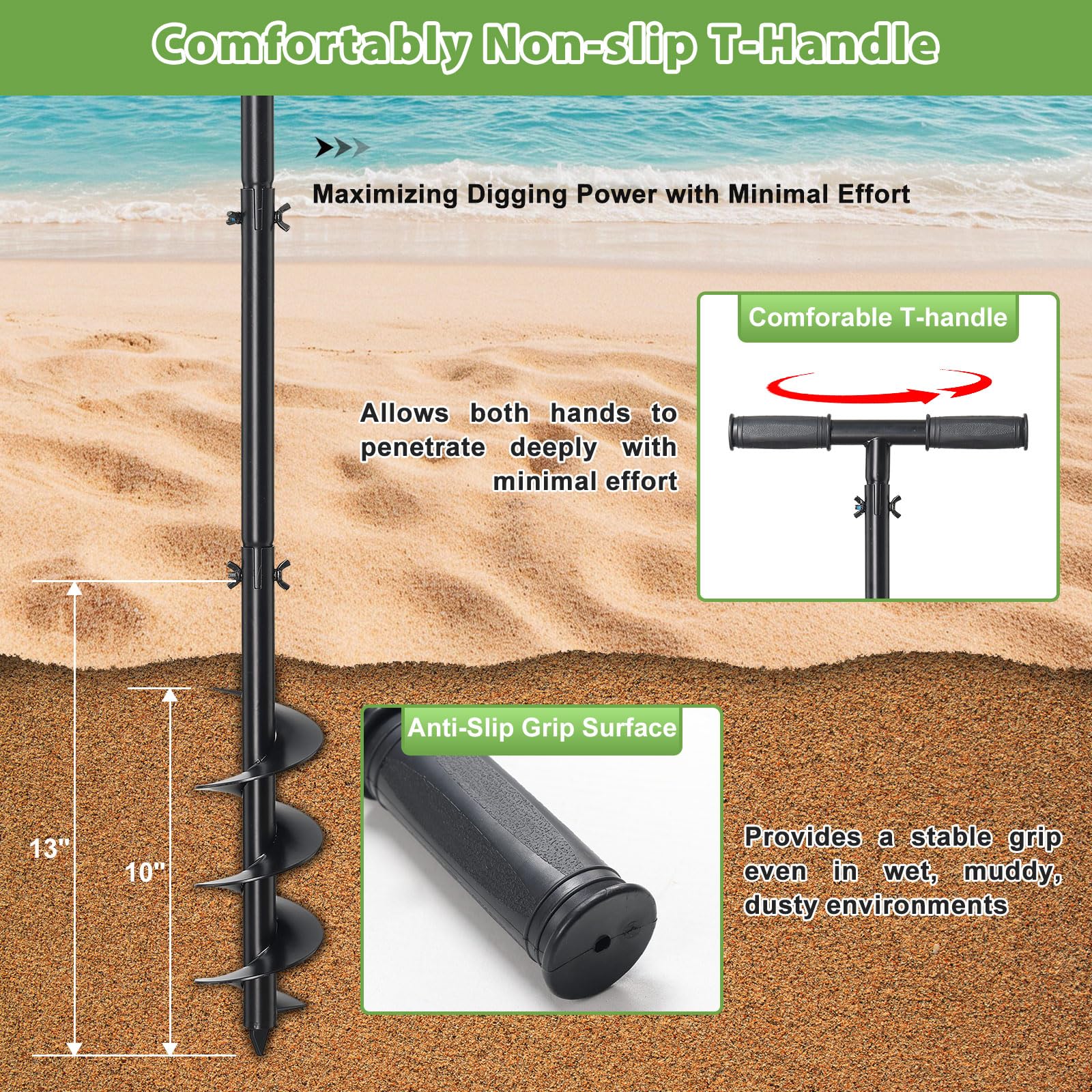 DAKEPOLE comfort grip T-handle provides secure leverage, even with gloves.