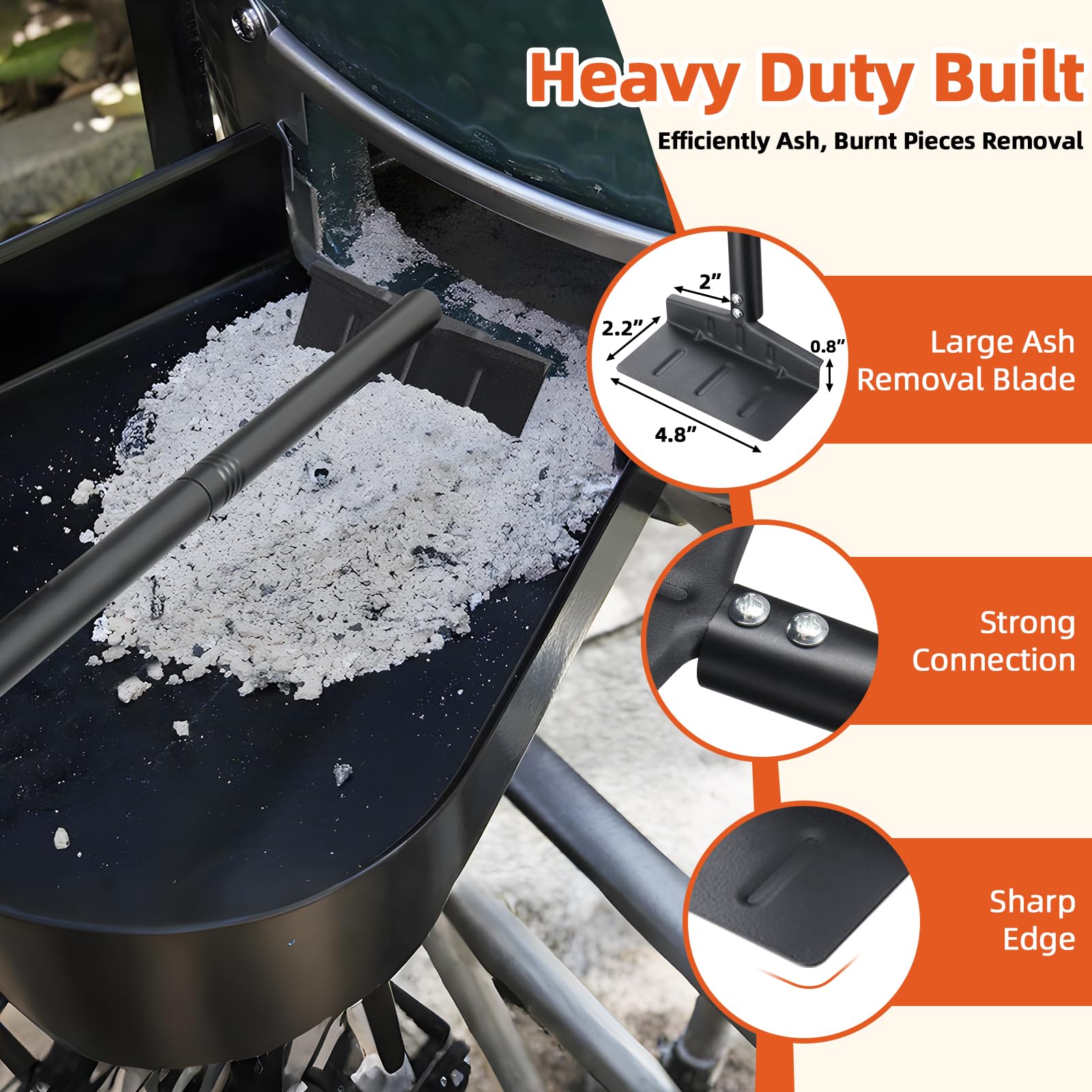 DAKEPOLE wide rake head enabling fast ash clean-up without disturbing setup