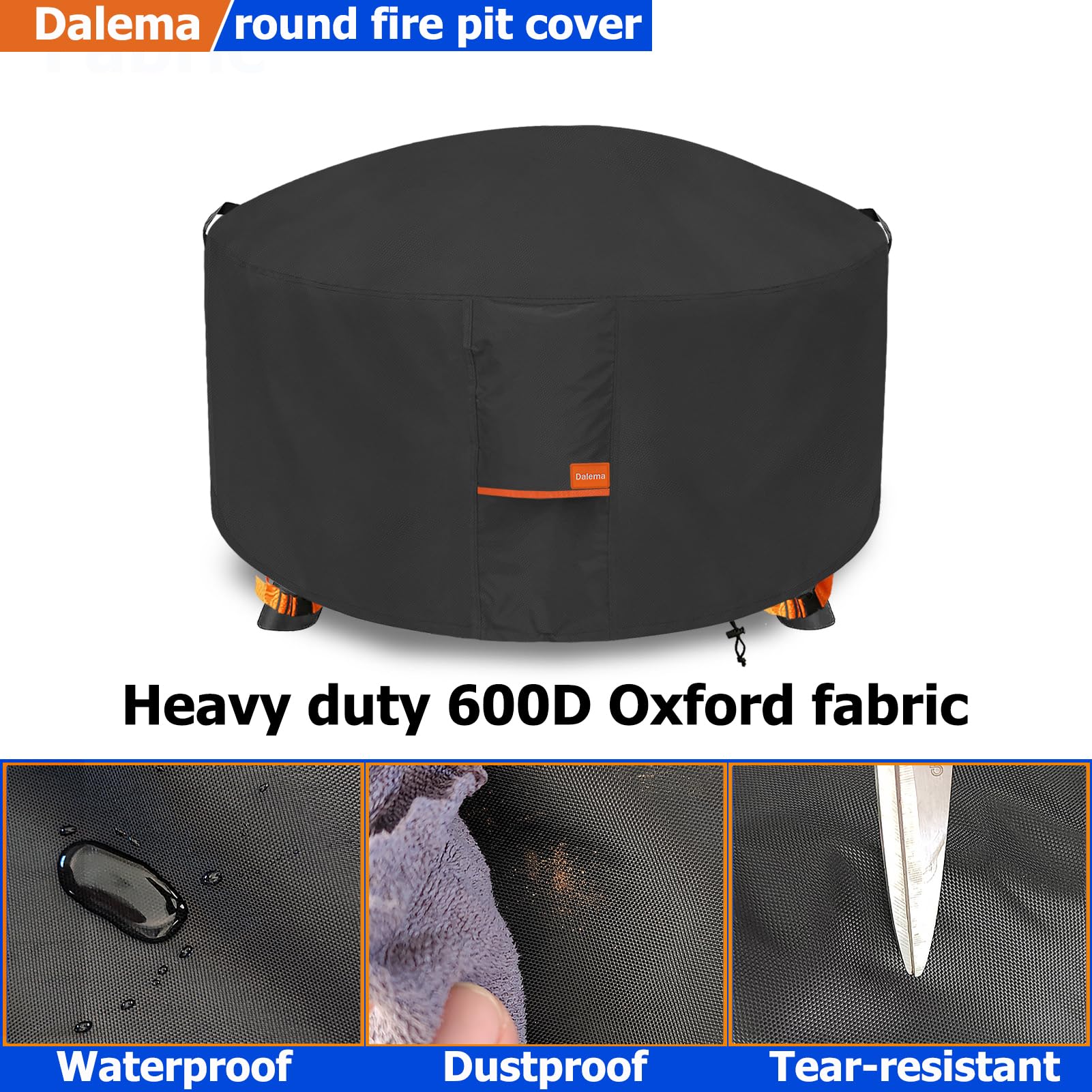 Dalema Fire Pit Cover features adjustable hem and buckles for secure fit.