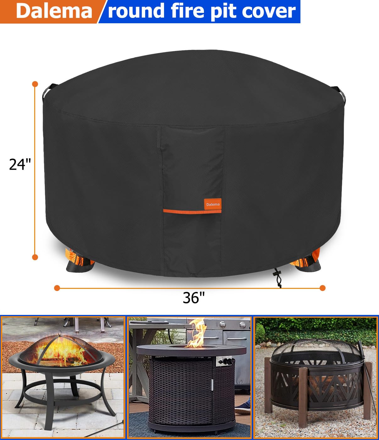 Dalema fire pit cover in waterproof 600D Oxford fabric keeps pits dry.