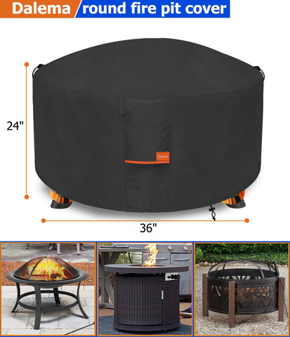 Dalema fire pit cover in waterproof 600D Oxford fabric keeps pits dry.