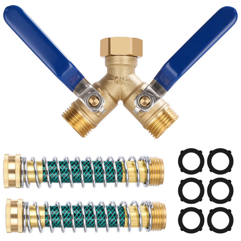 Dalmbox garden hose splitter with long handle for easy two-way watering.