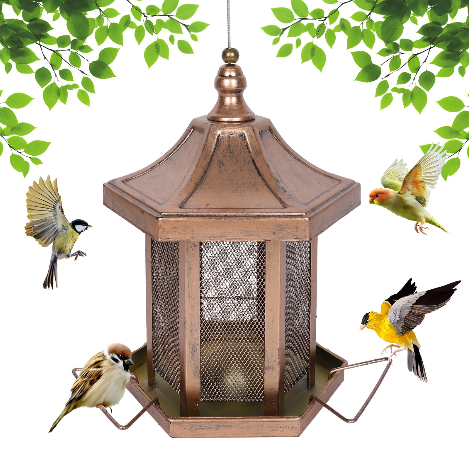 DALOHOMI hexagon bird feeder outdoors shields seeds from rain and inspires garden viewing