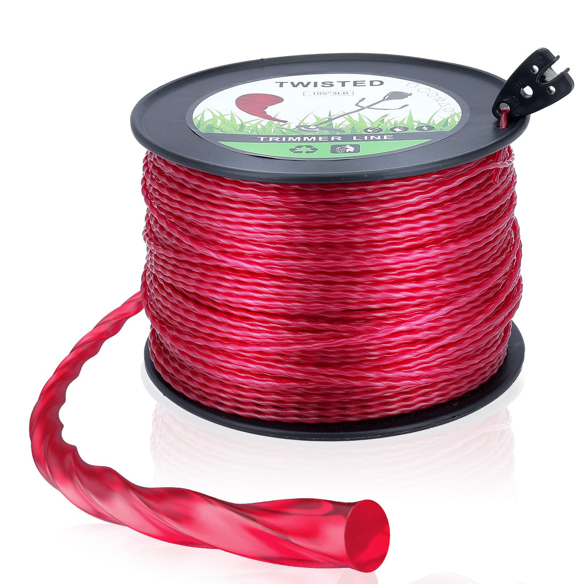 Dalom 105 trimmer line on a spool showing twisted edges for clean cuts through dense weed