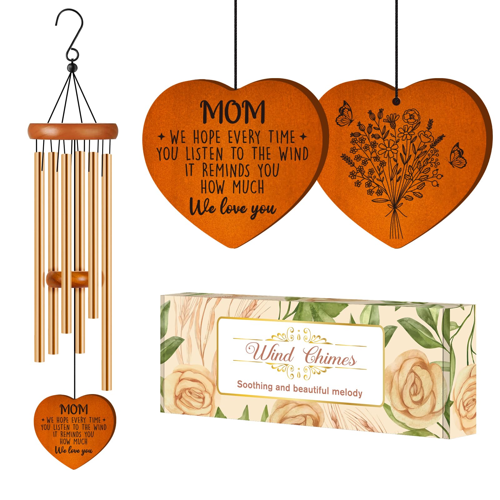 Damaigiift Mom Wind Chime with heart messages enhances outdoor ambiance and emotional gifting.