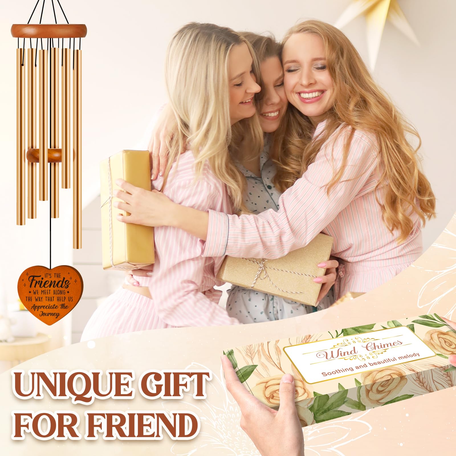 Damaigiift Wind chime showcases pine wood craftsmanship and natural warmth.