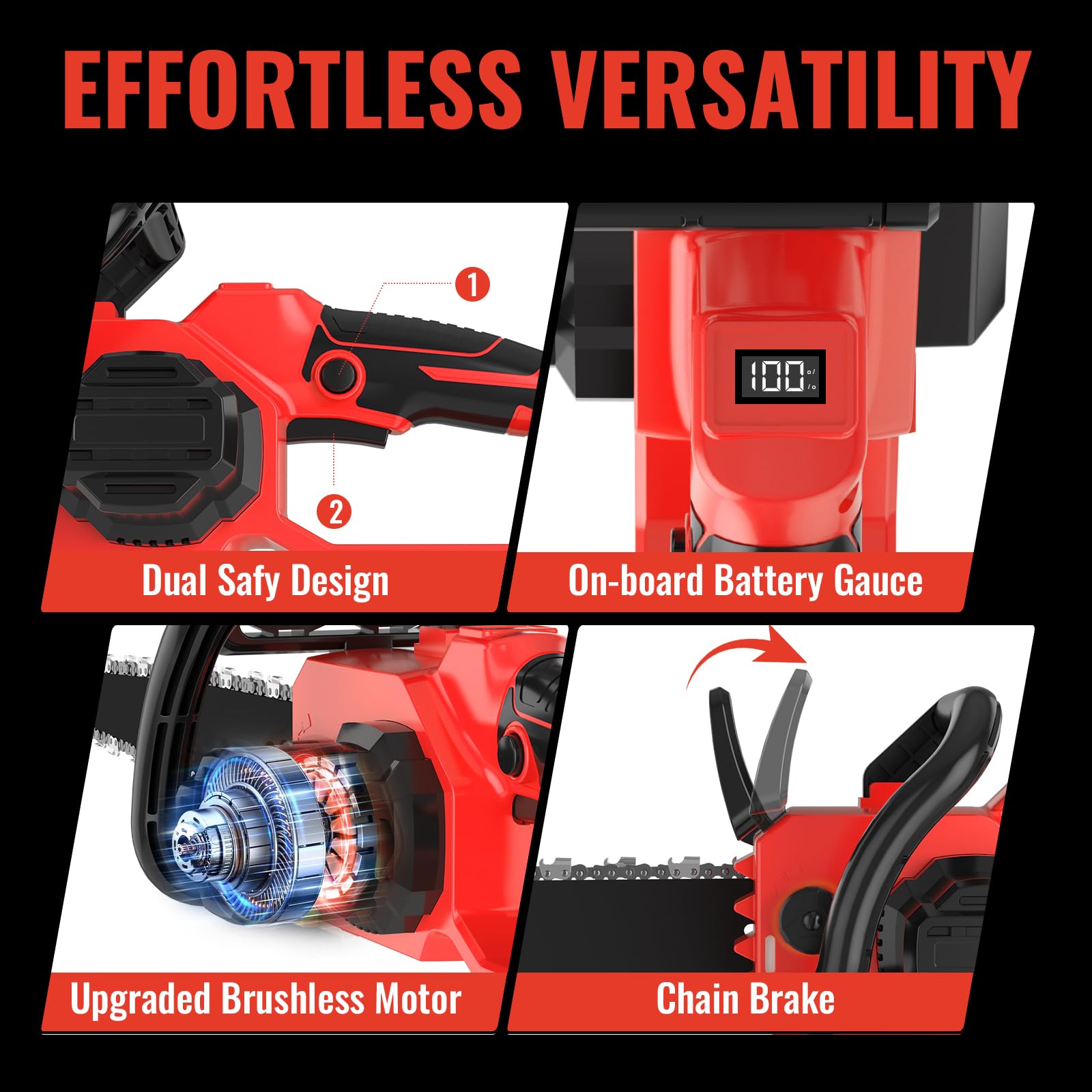 Damolin rapid-stop brake halts the chain in seconds.