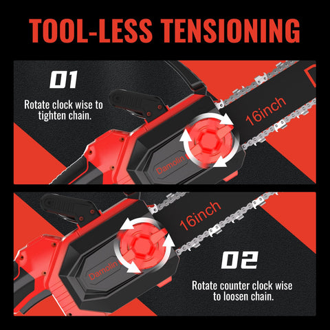 Damolin tool-free chain tensioner allows quick, safe adjustments.