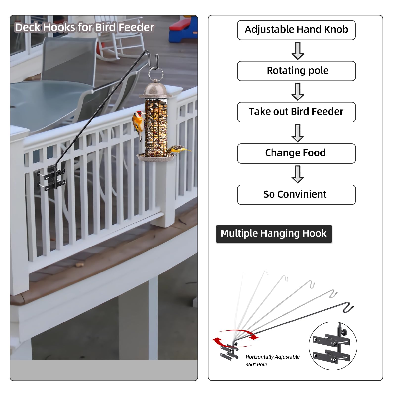 Damukoo adjustable-deck-plant-hanger extends reach for easy refills.