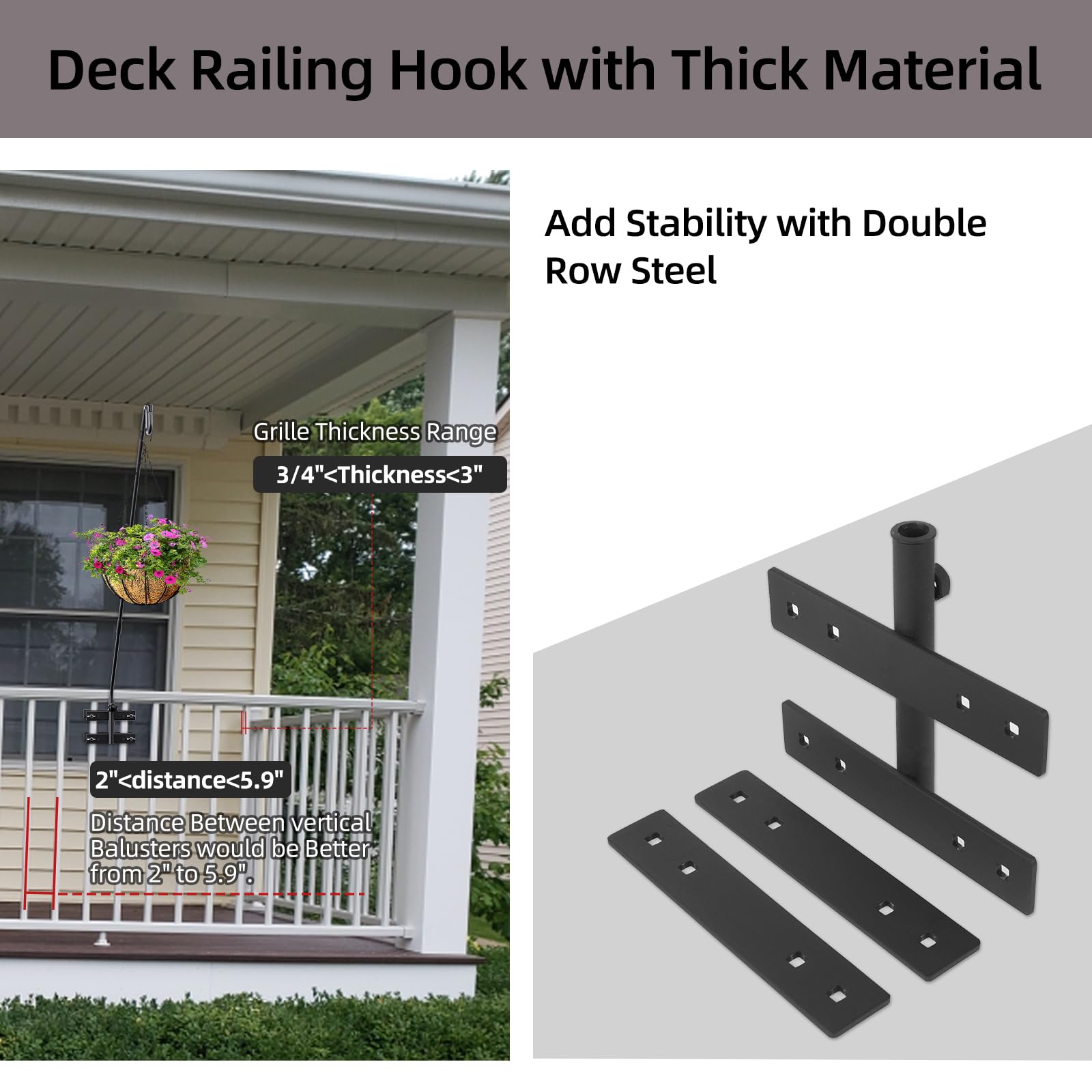 Damukoo deck-rail-hanger-double-clamps provides sturdy railing attachment for plants.