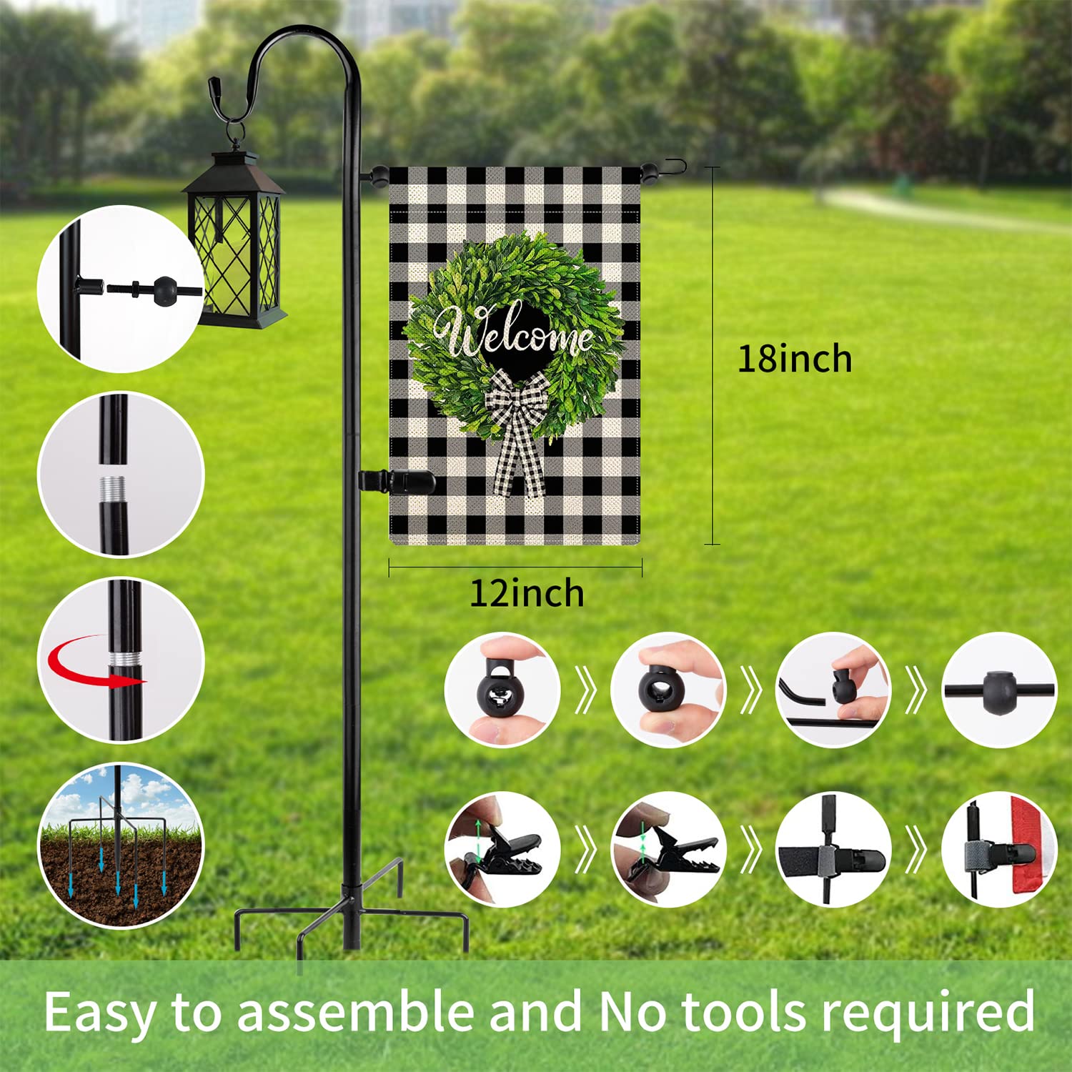 Damukoo flag stand shows quick, tool-free assembly for fast setup.