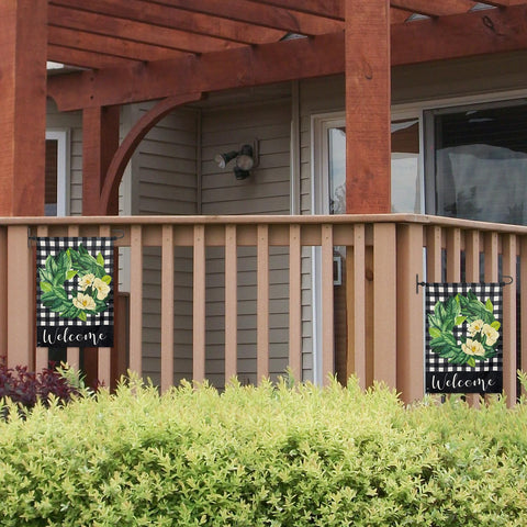 Damukoo garden flag stand decor enhances curb appeal at the front door.