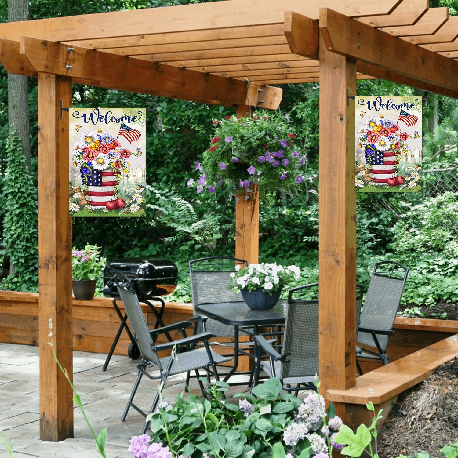 Damukoo metal yard flag hanger for post securing outdoor flags on a post.