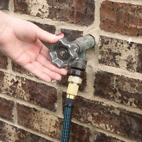 Ergonomic round wheel design from Danco for comfortable faucet operation outdoors.