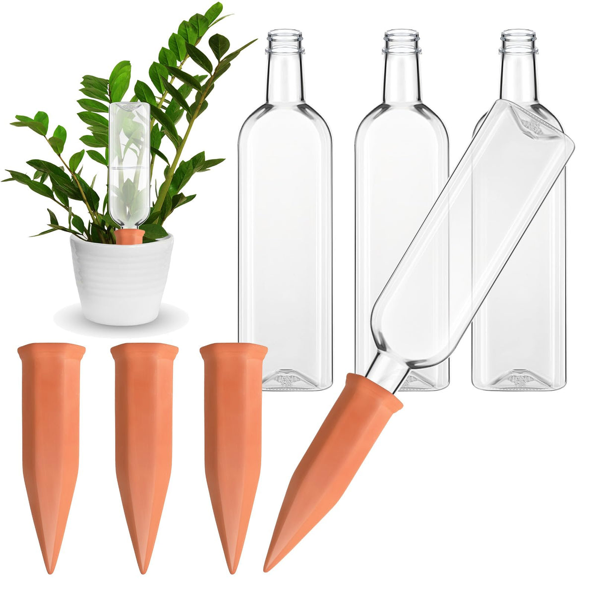 Dandat 8-Pcs Plant Watering Kit with spikes and bottles for vacation care.