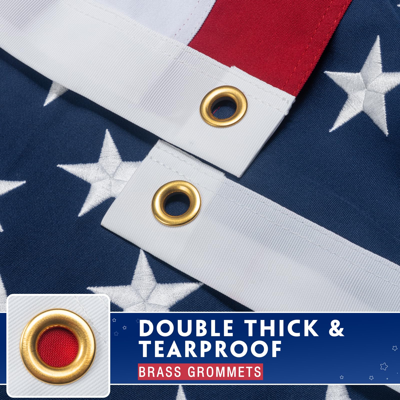 DANF FLAG embroidered stars closeup showing durable stitching and patriotic detail