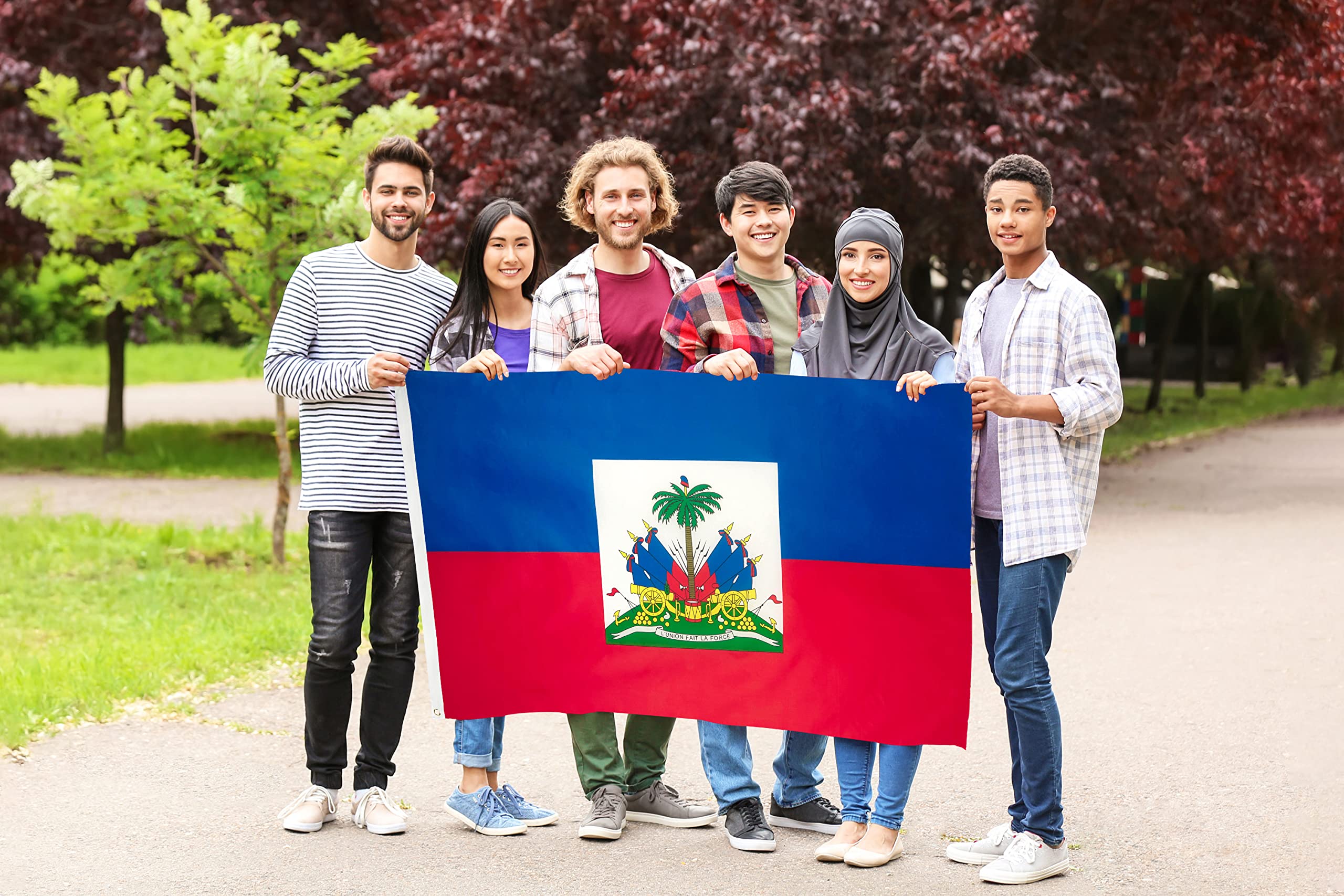 DANF FLAG Haiti 3x5ft flag close-up shows canvas header for secure mounting.