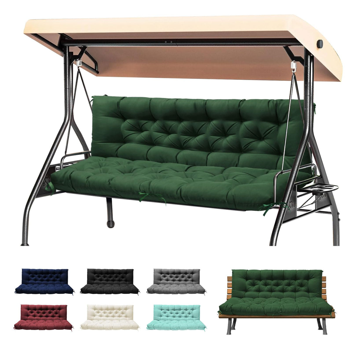 DANGHOOGY porch swing cushion 60x40 with backrest on a green bench for outdoor comfort.