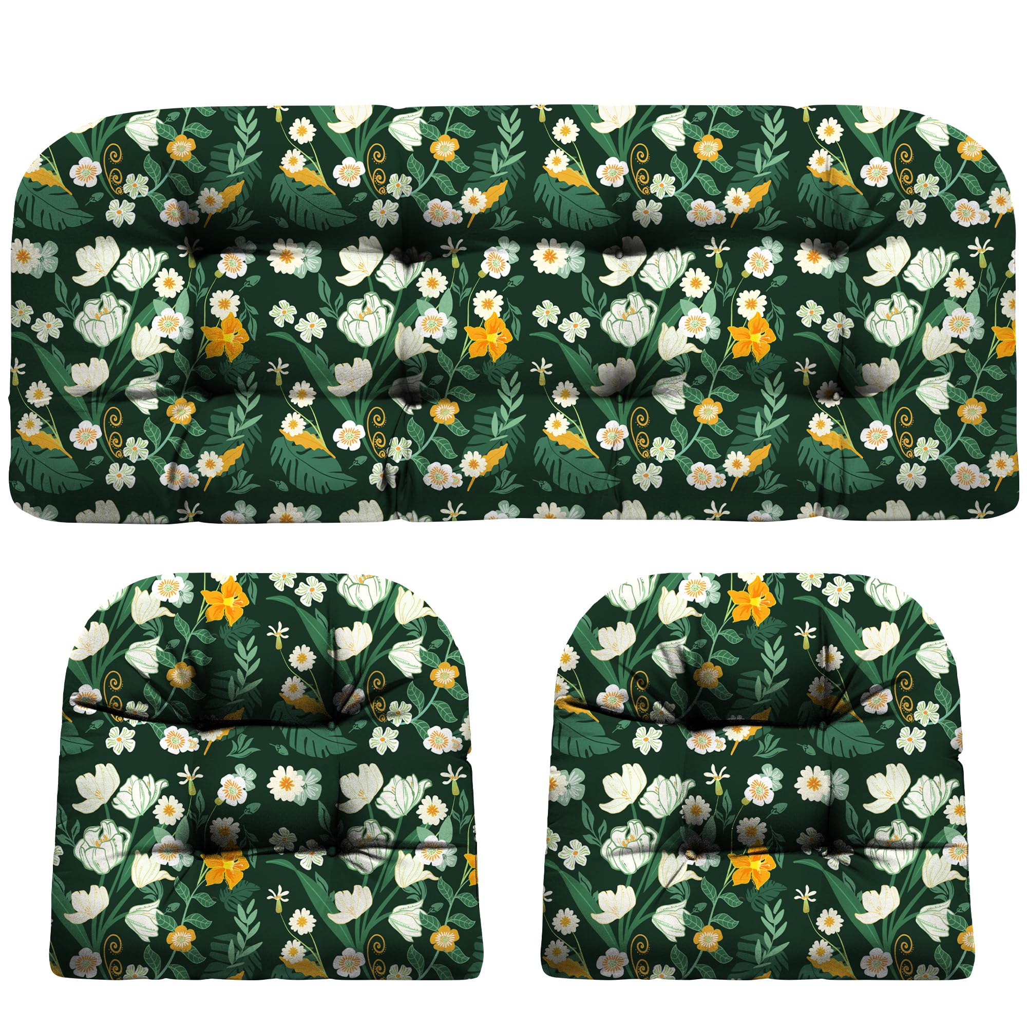 DANGHOOGY wicker chair cushions on green floral loveseat for outdoor comfort.