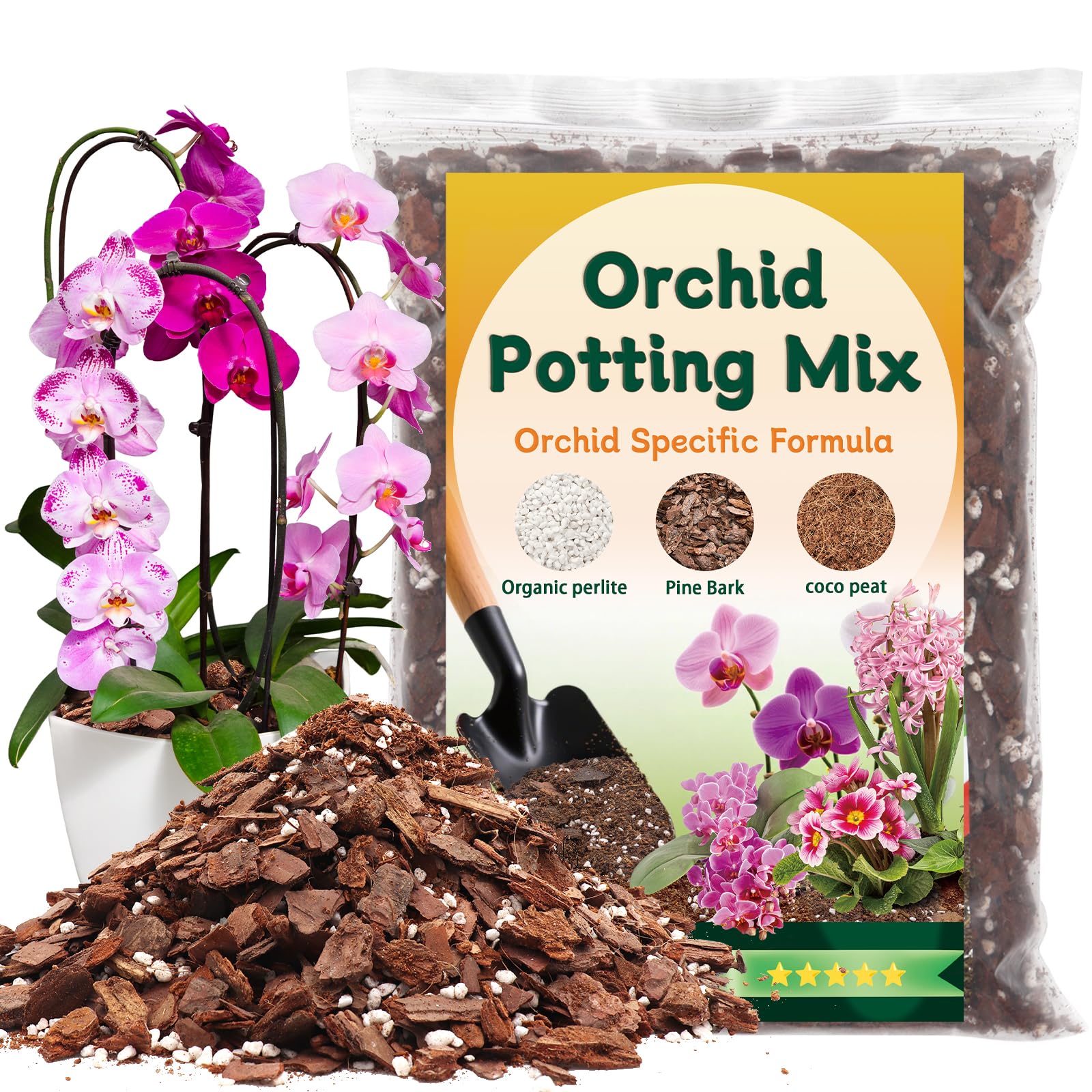 DANGKELILI Orchid Potting Mix with pine bark and coco peat for robust orchid roots.