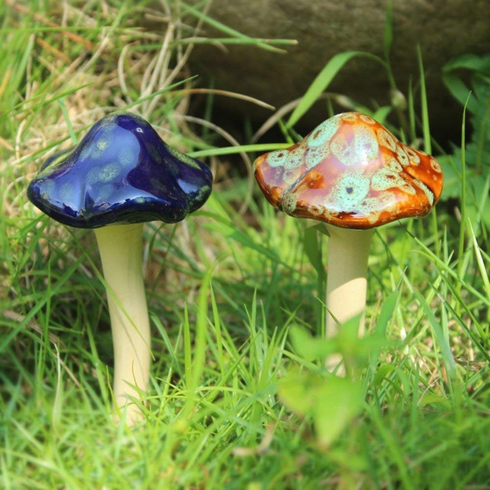 Danmu ceramic mushroom stake brightens planters and borders.