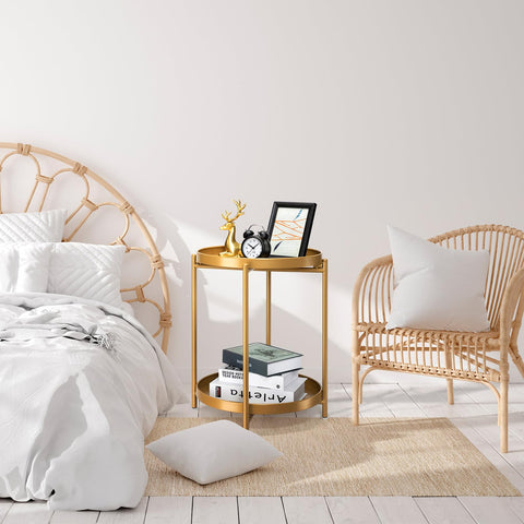 Compact round shape saves space beside seating or beds.