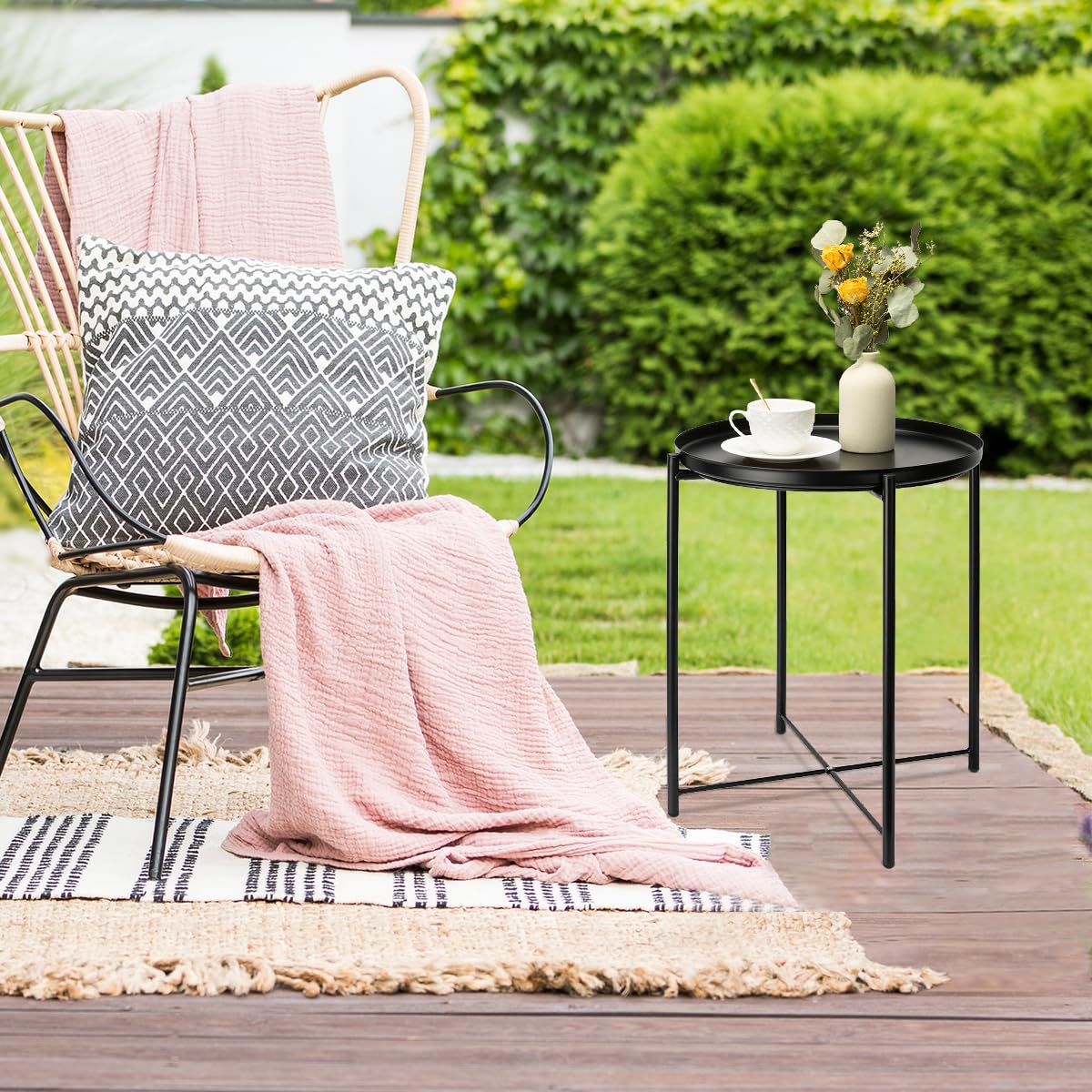Danpinera metal black side table non-slip pads, protects floors and reduces noise.