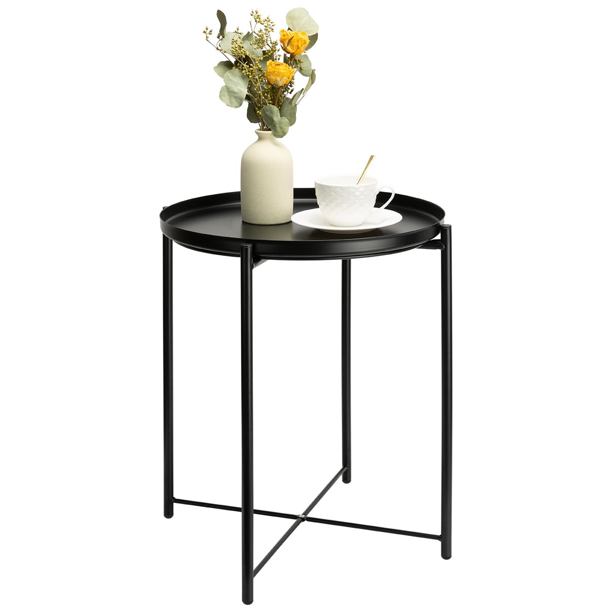 Danpinera metal black side table round top, compact design ideal for small spaces.